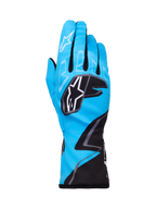 Alpinestars Tech-1 K Race V2 Gloves Graphic 1, kartinghandskar, cyan, svart och vit, med djärva geometriska mönster, vit Alpinestars-stjärnlogotyp på knogarna, förlängd manschett, lätt och ventilerande material för kartingprestanda