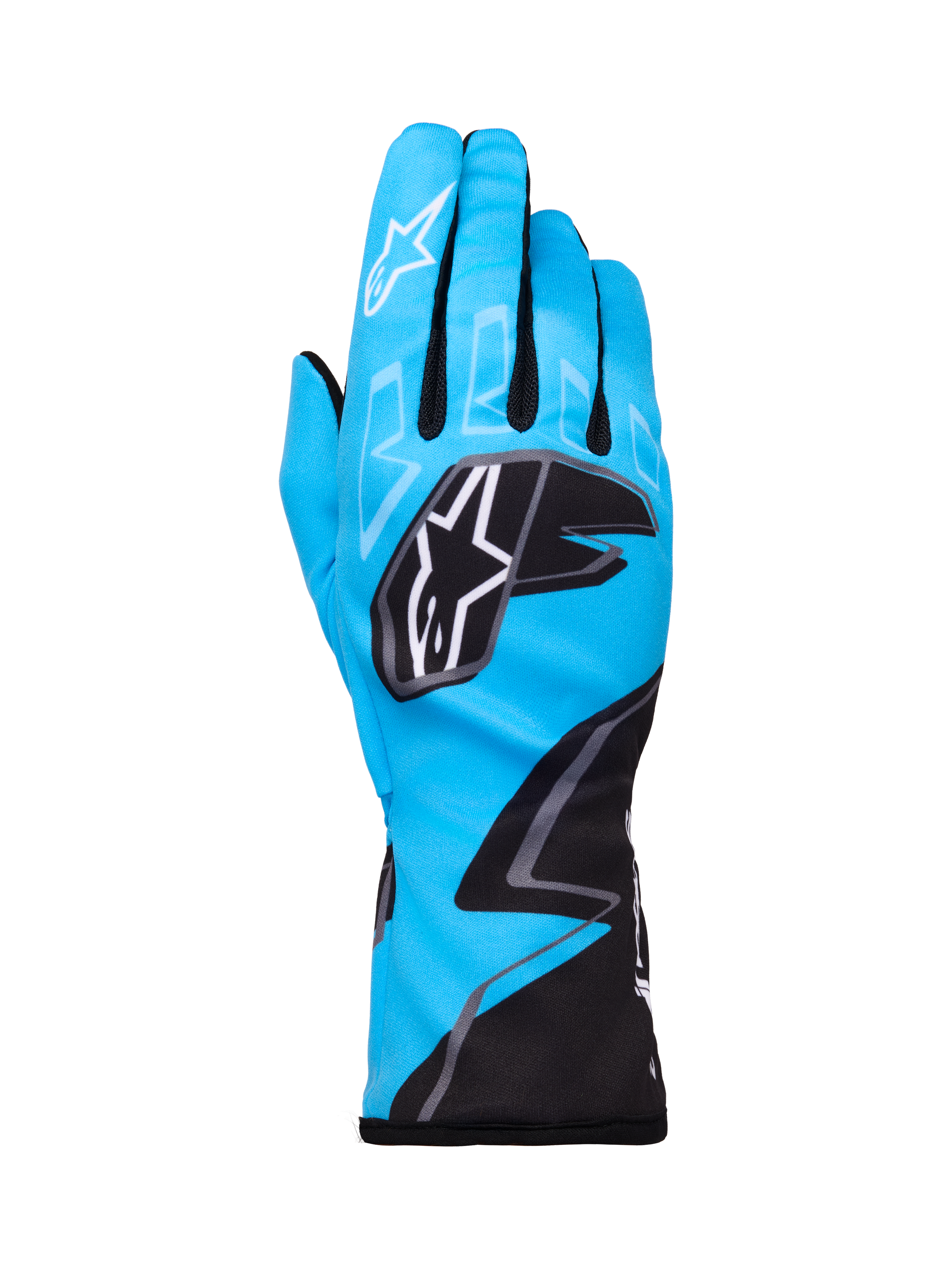 Alpinestars Tech-1 K Race V2 Gloves Graphic 1, kartinghandskar, cyan, svart och vit, med djärva geometriska mönster, vit Alpinestars-stjärnlogotyp på knogarna, förlängd manschett, lätt och ventilerande material för kartingprestanda