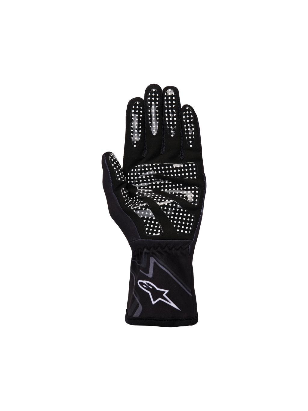 Alpinestars Ungdom Tech-1 K Race S V2 Graphic 1-handskar, svart, mörkgrå och vit, vy av handflatan med vitt silikongreppmönster på fingrar och handflata, konstruktion i syntetisk mocka, vit A-star-logotyp på elastisk manschett