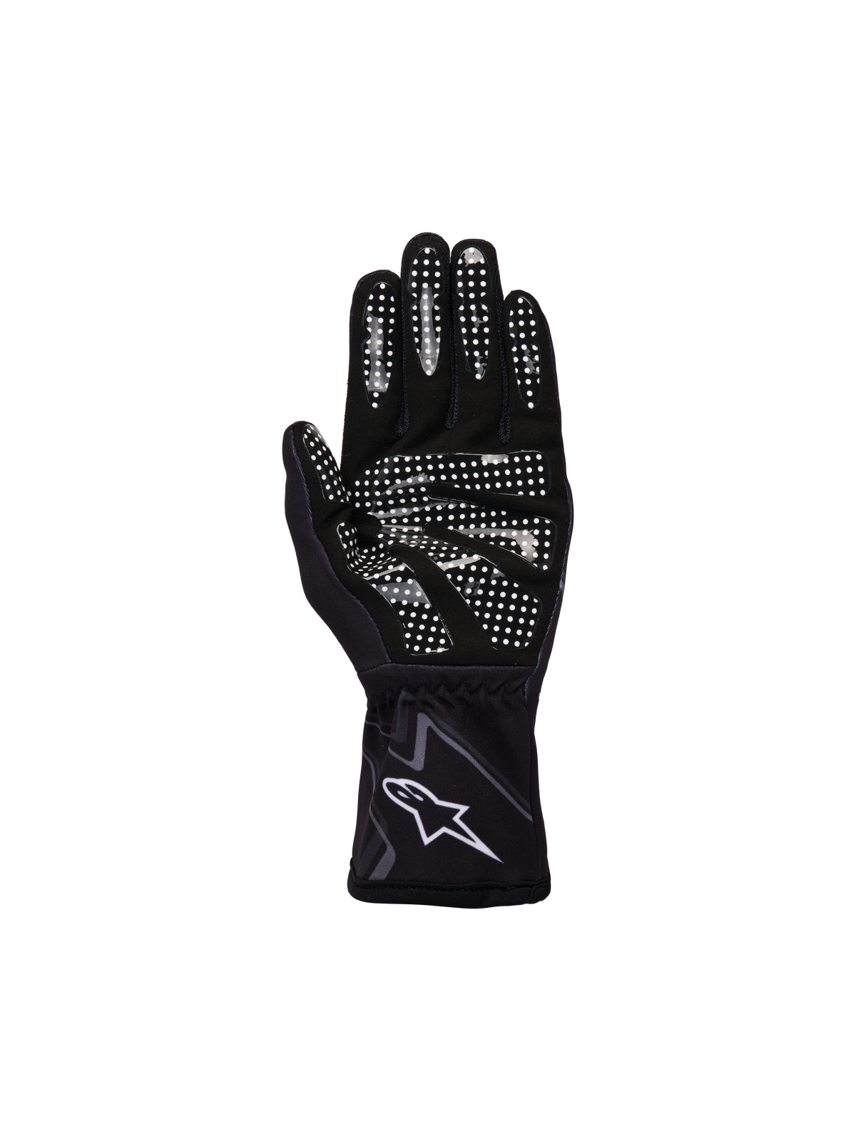 Alpinestars Ungdom Tech-1 K Race S V2 Graphic 1-handskar, svart, mörkgrå och vit, vy av handflatan med vitt silikongreppmönster på fingrar och handflata, konstruktion i syntetisk mocka, vit A-star-logotyp på elastisk manschett