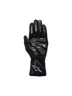 Alpinestars Ungdom Tech-1 K Race S V2 Graphic 1-handskar, svart, mörkgrå och vit, vy av handflatan med vitt silikongreppmönster på fingrar och handflata, konstruktion i syntetisk mocka, vit A-star-logotyp på elastisk manschett