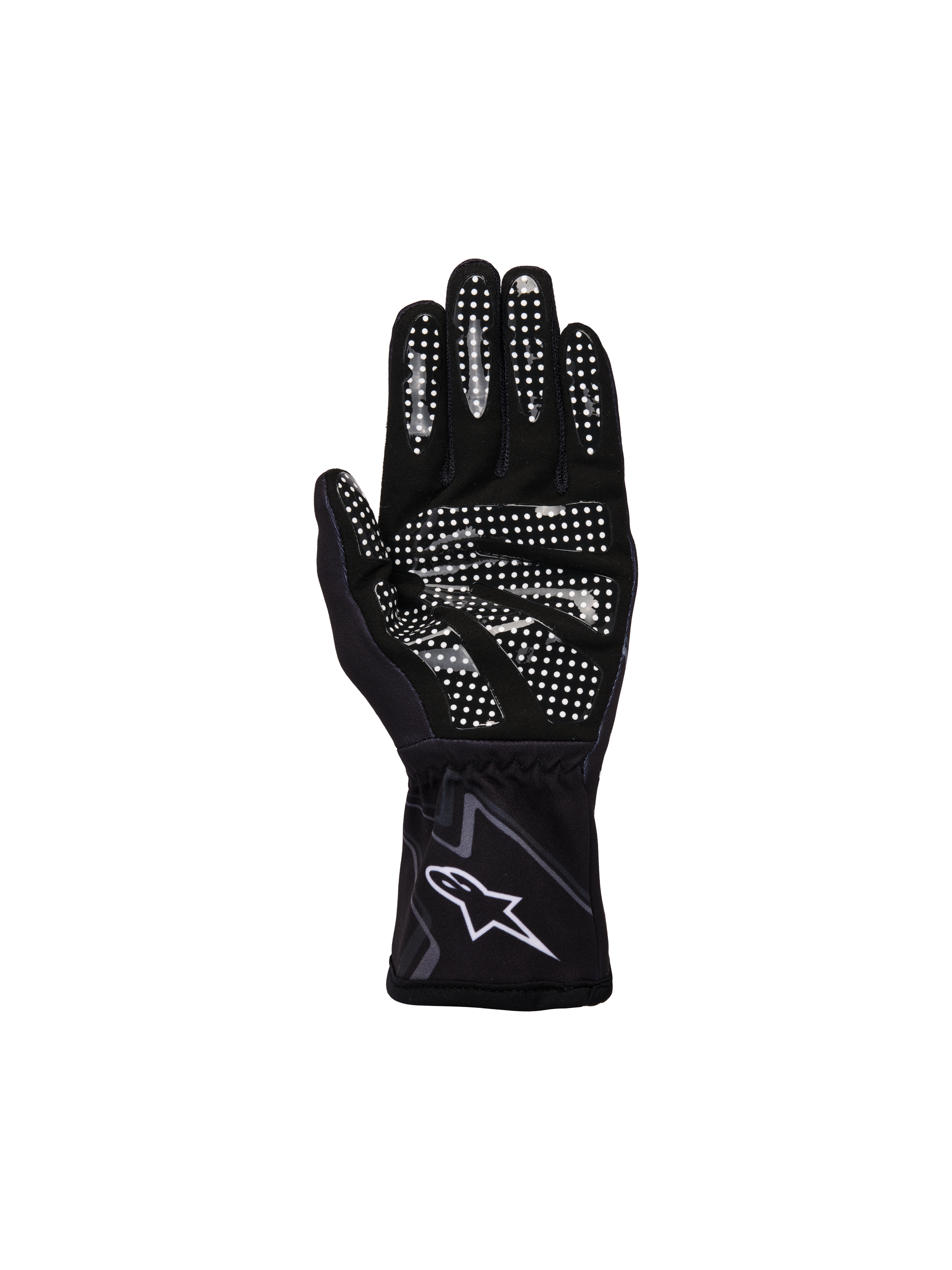 Alpinestars Ungdom Tech-1 K Race S V2 Graphic 1-handskar, svart, mörkgrå och vit, vy av handflatan med vitt silikongreppmönster på fingrar och handflata, konstruktion i syntetisk mocka, vit A-star-logotyp på elastisk manschett