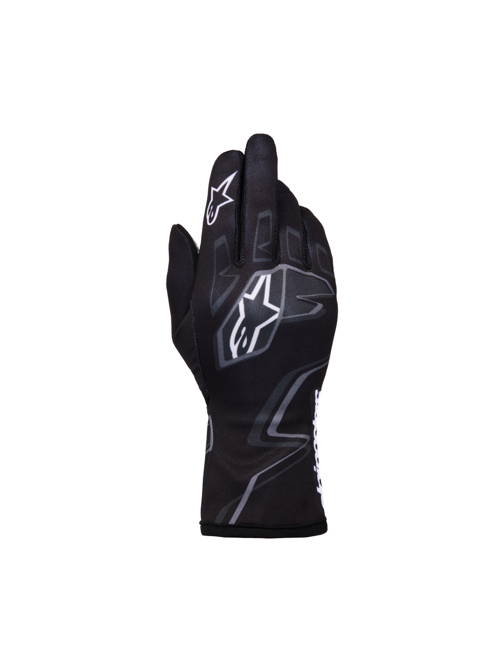 Alpinestars Youth Tech-1 K Race S V2 Graphic 1-handskar, kartinghandskar för ungdomar, svart, mörkgrå och vit, med tydliga vita Astar-logotyper och grå flaminspirerad grafik, lätt textilkonstruktion med säker elastisk mudd
