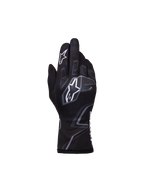 Alpinestars Youth Tech-1 K Race S V2 Graphic 1-handskar, kartinghandskar för ungdomar, svart, mörkgrå och vit, med tydliga vita Astar-logotyper och grå flaminspirerad grafik, lätt textilkonstruktion med säker elastisk mudd