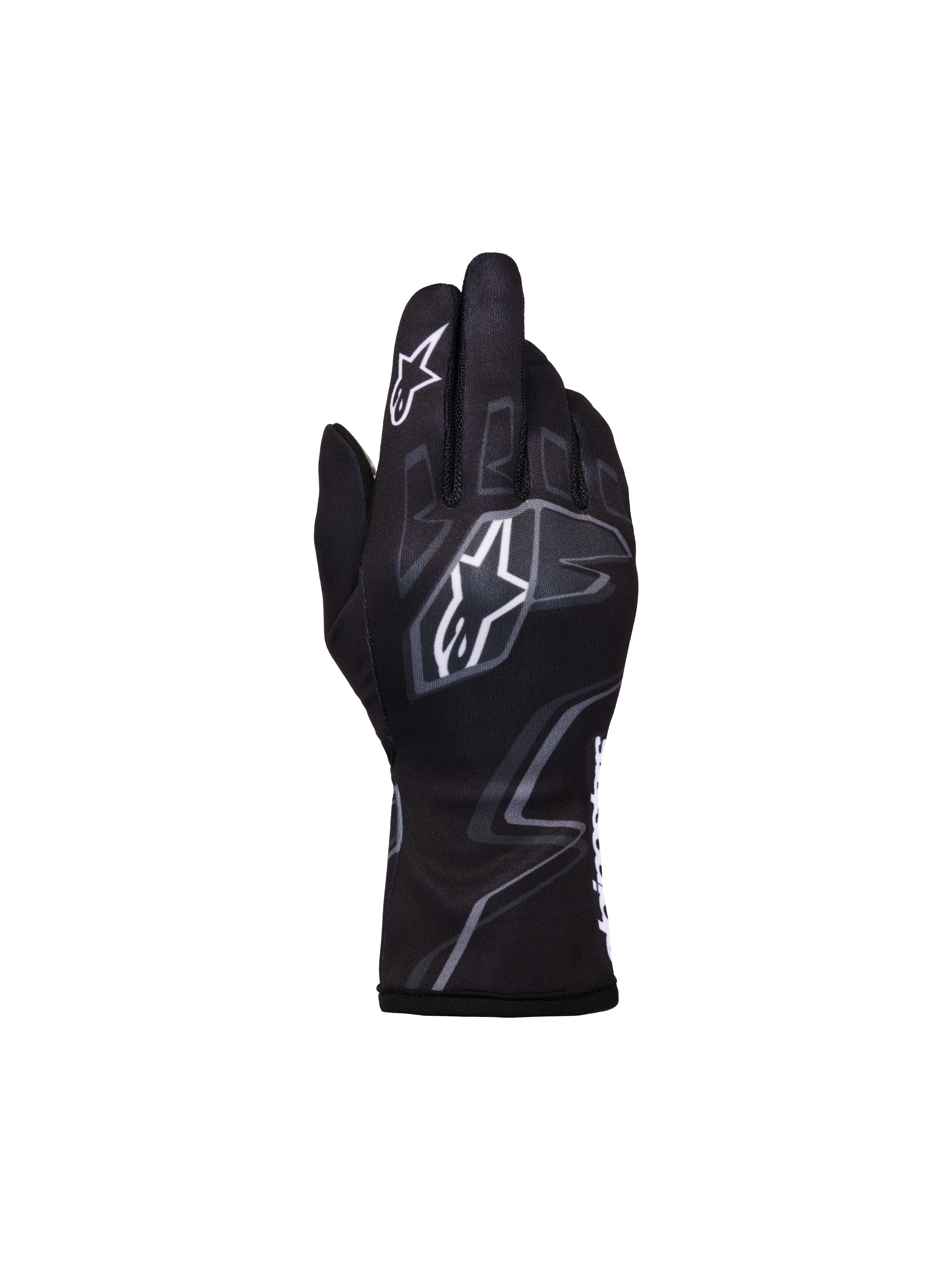 Alpinestars Youth Tech-1 K Race S V2 Graphic 1-handskar, kartinghandskar för ungdomar, svart, mörkgrå och vit, med tydliga vita Astar-logotyper och grå flaminspirerad grafik, lätt textilkonstruktion med säker elastisk mudd
