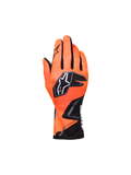 Alpinestars Youth Tech-1 K Race S V2 Graphic 1 Gloves, Karting Racing Gloves, Orange Fluo and Black, featuring a bold star logo and aggressive graphics, backhand view with black mesh finger inserts, lightweight textile construction for youth racing