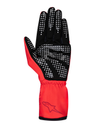Alpinestars Tech-1 K Race V2 Pure-handskar, karthandskar, röda och svarta, vy av handflatan med silikontryck i ett vitt prickigt mönster för grepp, syntetiskt mockamaterial, elastisk manschett med Alpinestars-logotyp