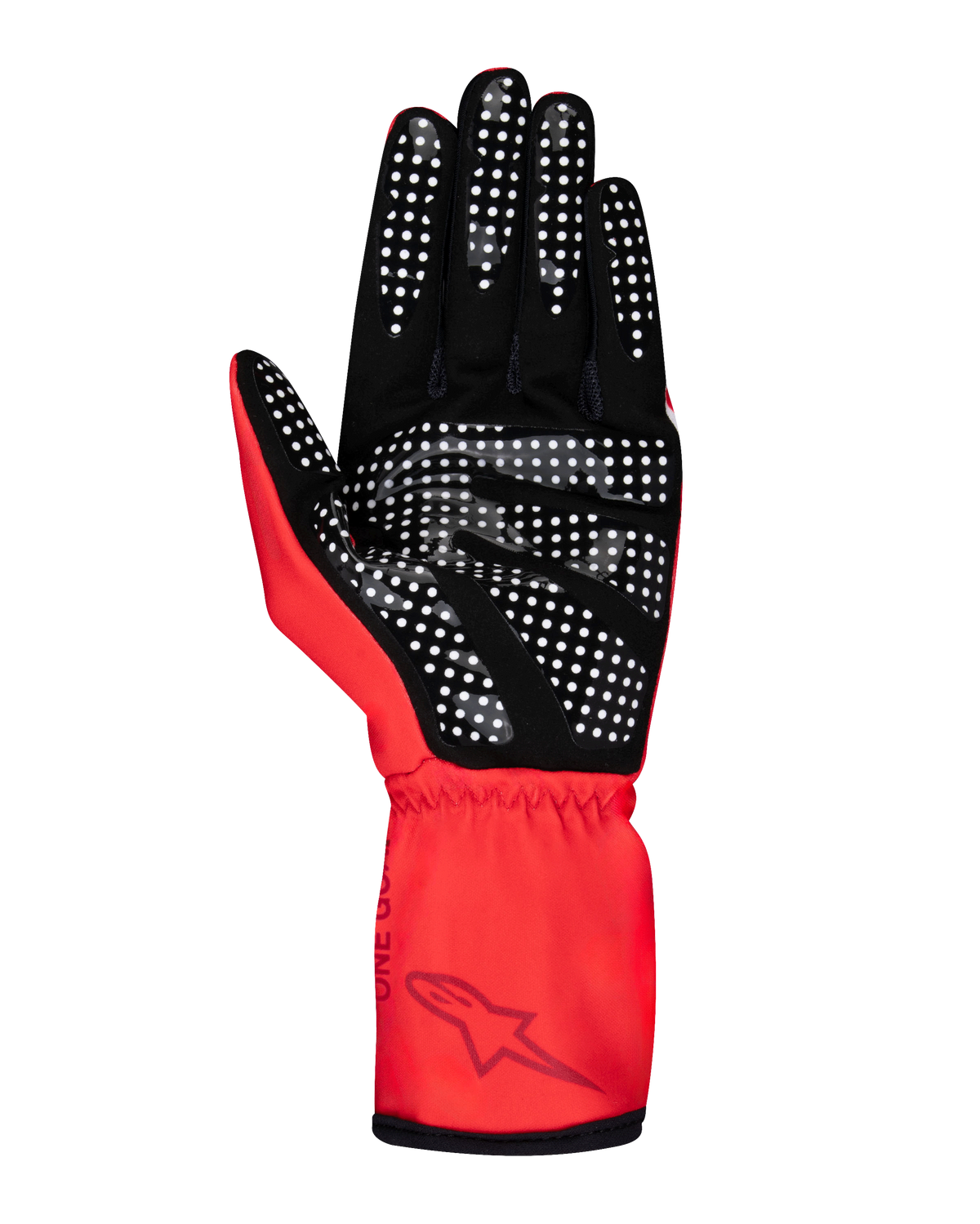 Alpinestars Tech-1 K Race S V2 Pure-handskar för ungdomar, gokarthandskar, röda, handflatevy som framhäver vitt silikonprickat grepp på svart syntetisk mocka, har en elastisk handled med Alpinestars-logotyp.