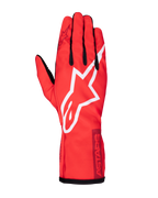 Alpinestars Youth Tech-1 K Race S V2 Pure Gloves, karting racing glove, vibrant red with large white Alpinestars star logo, black accents on fingers and cuff, lightweight polyester-mesh construction for junior racers, top-down view showing the back of the glove