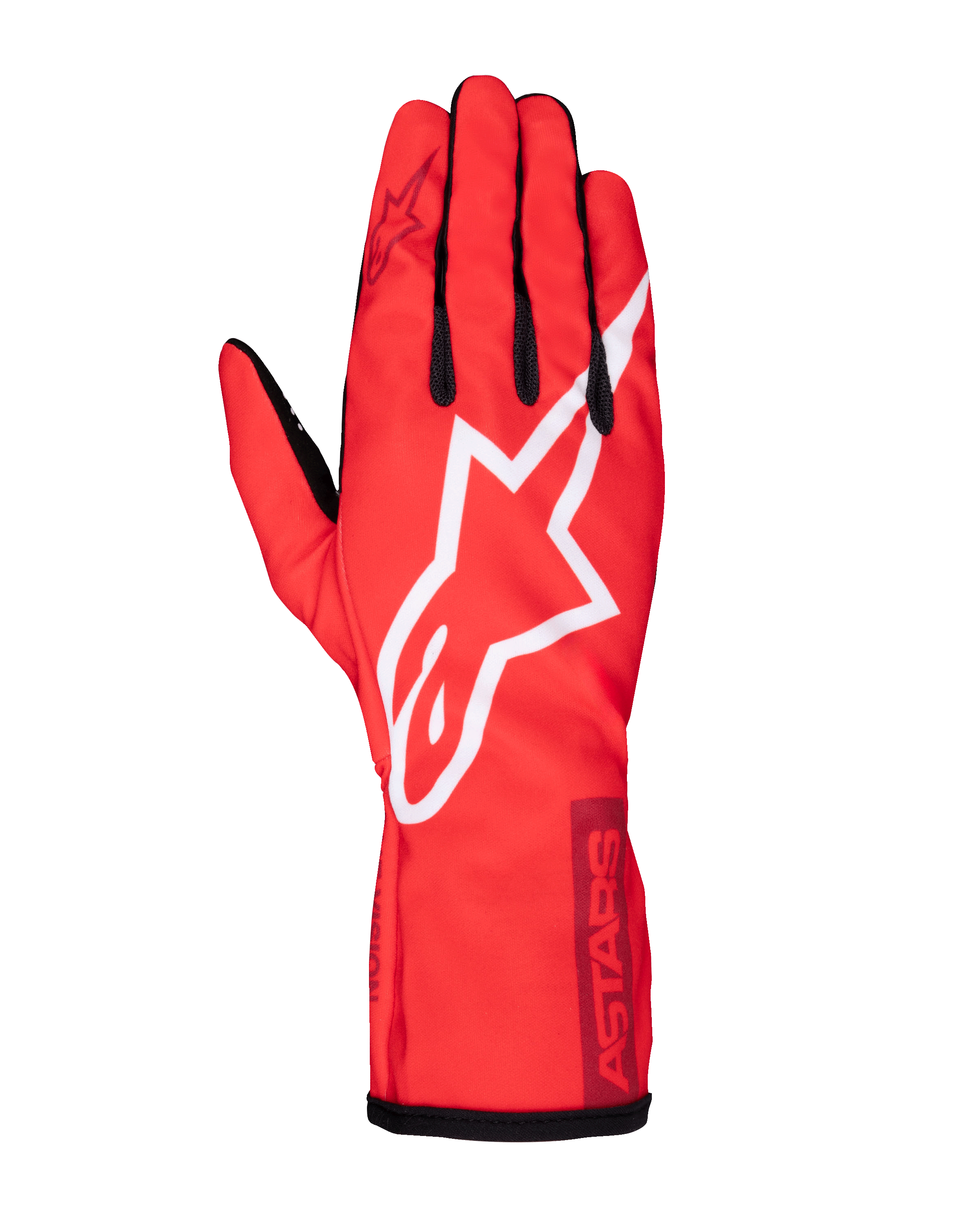 Alpinestars Tech-1 K Race V2 Pure handskar, kartinghandskar, röda med vita och vinröda detaljer, framträdande vit stjärnlogotyp, svarta fingerdetaljer och ASTARS-logotyp på manschetten, lättviktsutrustning med hög prestanda för förare