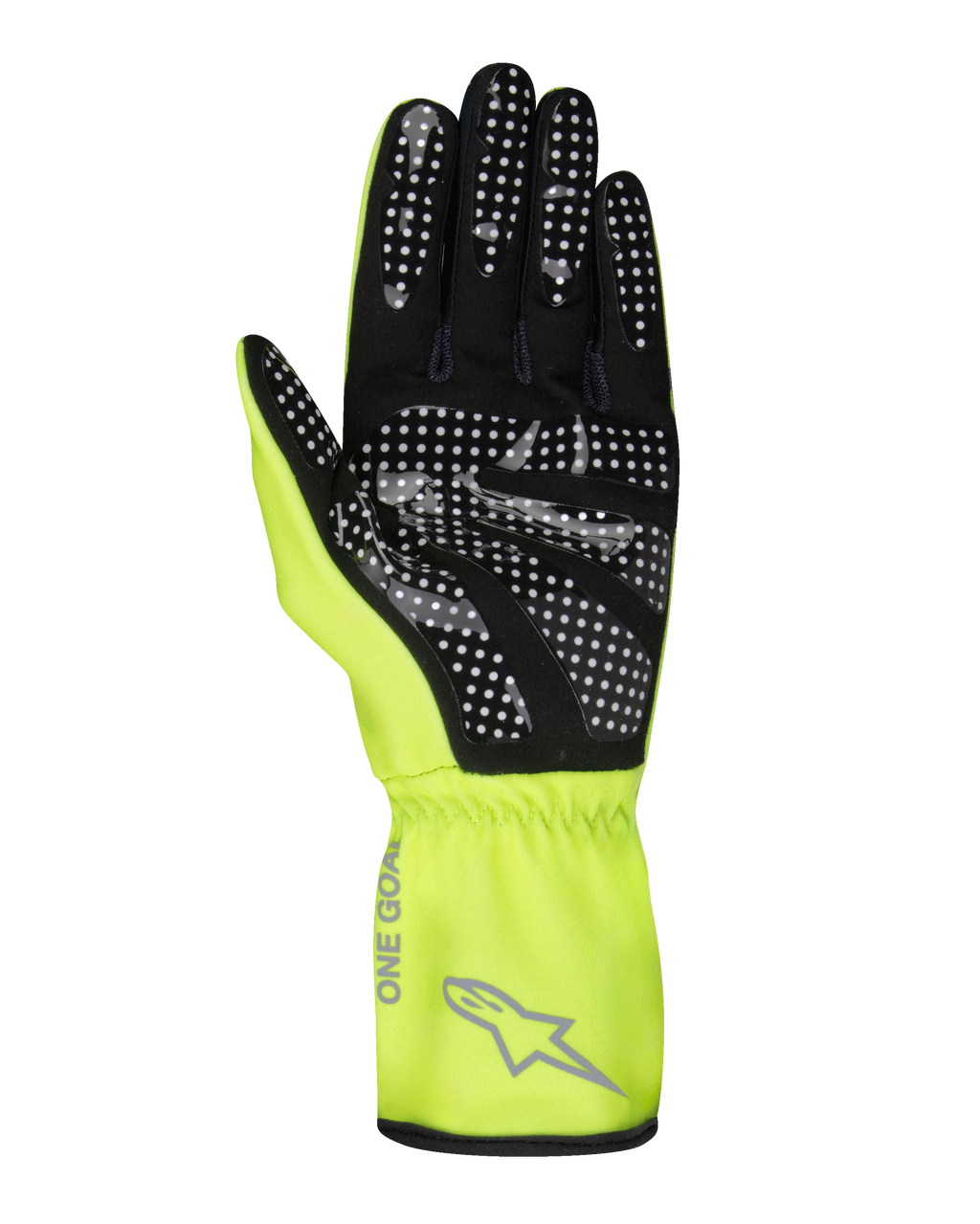 Alpinestars Tech-1 K Race V2 Pure-handskar, kartinghandskar, fluorgula och svarta, vy av handflatan som visar vitt prickigt silikongreppmönster, grå Alpinestars-logotyp och 'ONE GOAL'-text på manschetten, professionell motorsportutrustning