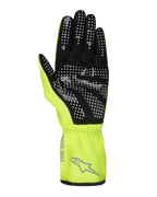 Alpinestars Tech-1 K Race V2 Pure-handskar, kartinghandskar, fluorgula och svarta, vy av handflatan som visar vitt prickigt silikongreppmönster, grå Alpinestars-logotyp och 'ONE GOAL'-text på manschetten, professionell motorsportutrustning
