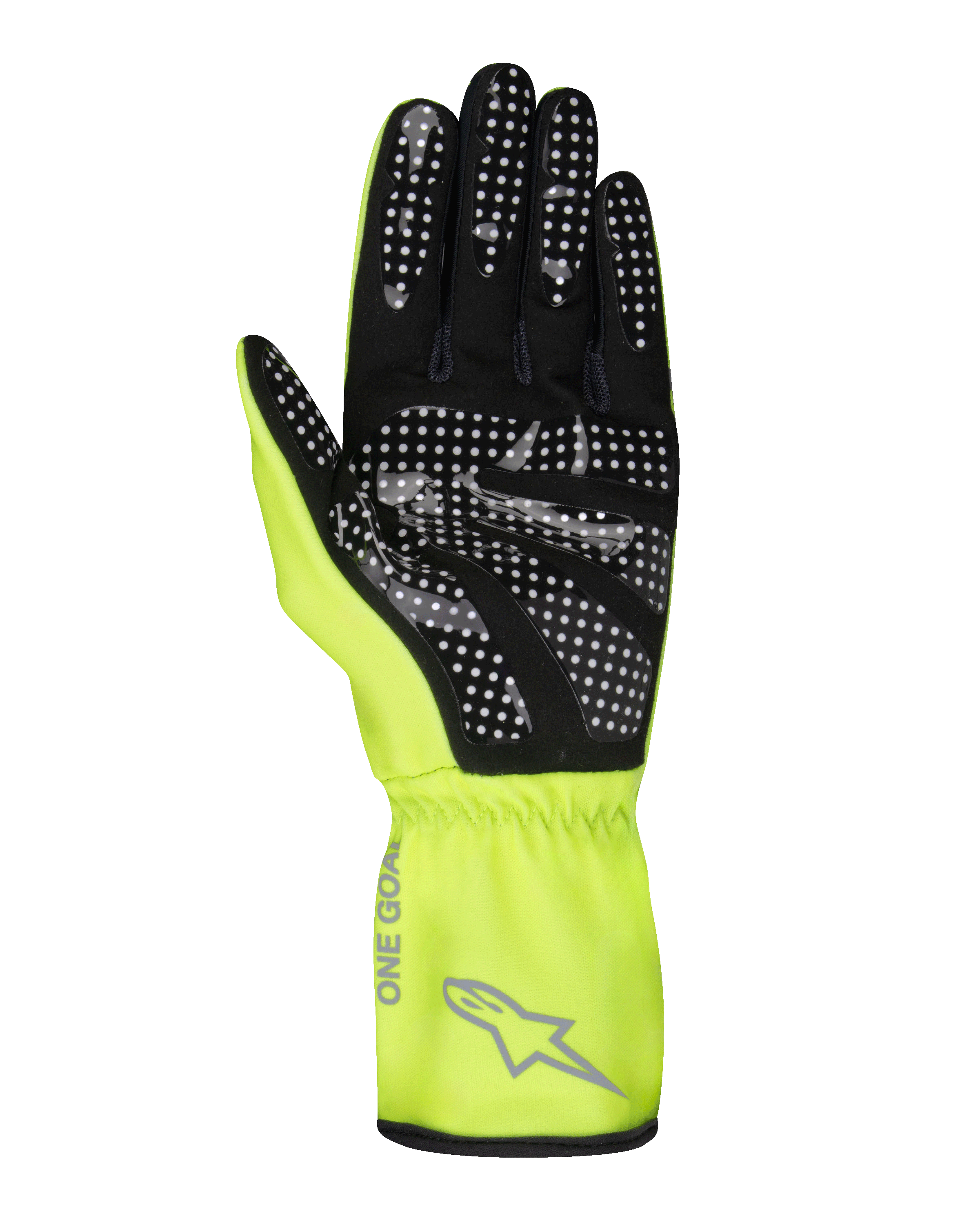 Alpinestars Tech-1 K Race V2 Pure-handskar, kartinghandskar, fluorgula och svarta, vy av handflatan som visar vitt prickigt silikongreppmönster, grå Alpinestars-logotyp och 'ONE GOAL'-text på manschetten, professionell motorsportutrustning