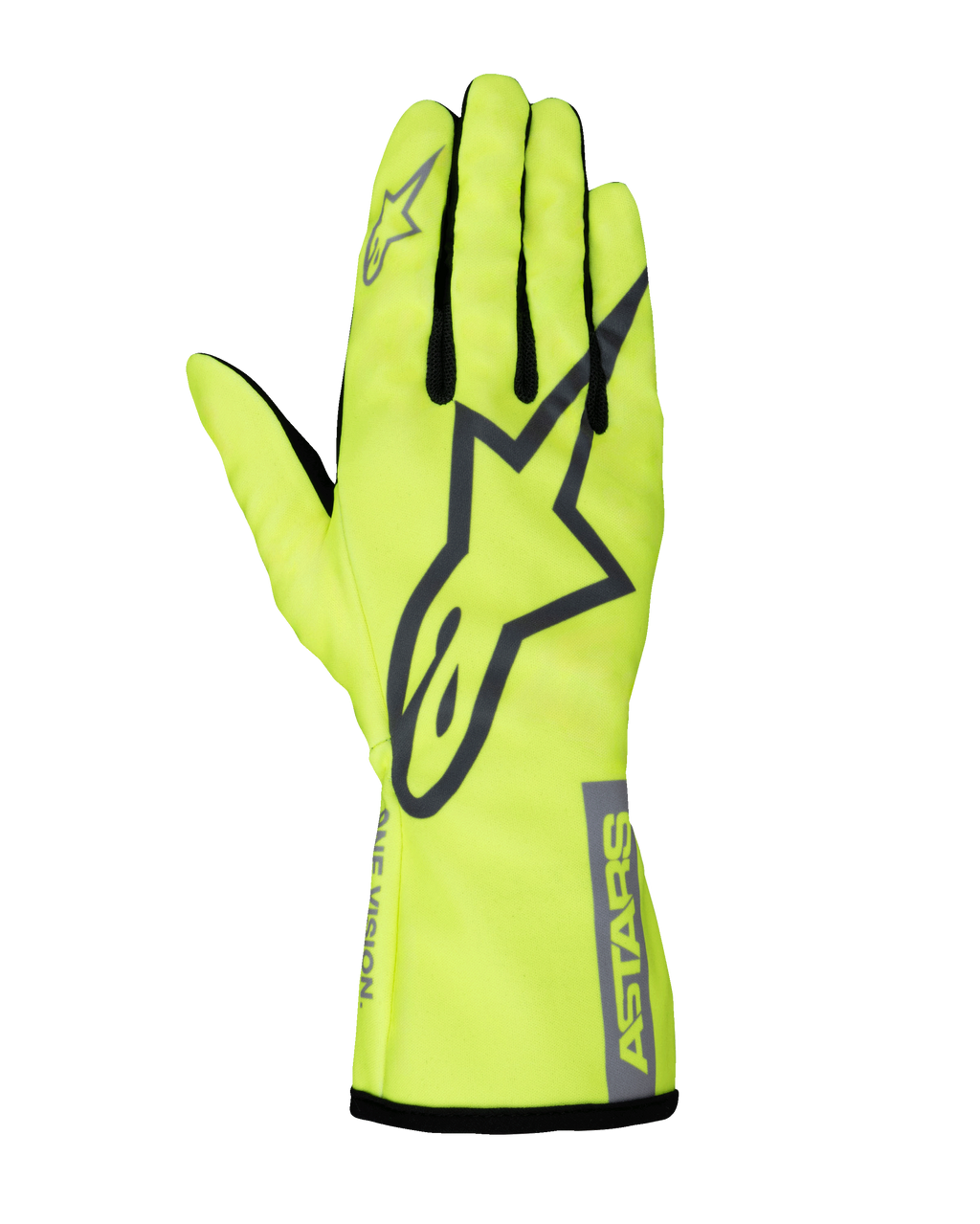Alpinestars Youth Tech-1 K Race S V2 Pure-handskar, kartinghandskar för ungdom, fluoriserande gul och grå, med en stor A-star-logotyp på handryggen, ASTARS-märkning på manschetten och fingerkilar i mesh.