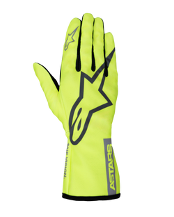 Alpinestars Youth Tech-1 K Race S V2 Pure-handskar, kartinghandskar för ungdom, fluoriserande gul och grå, med en stor A-star-logotyp på handryggen, ASTARS-märkning på manschetten och fingerkilar i mesh.
