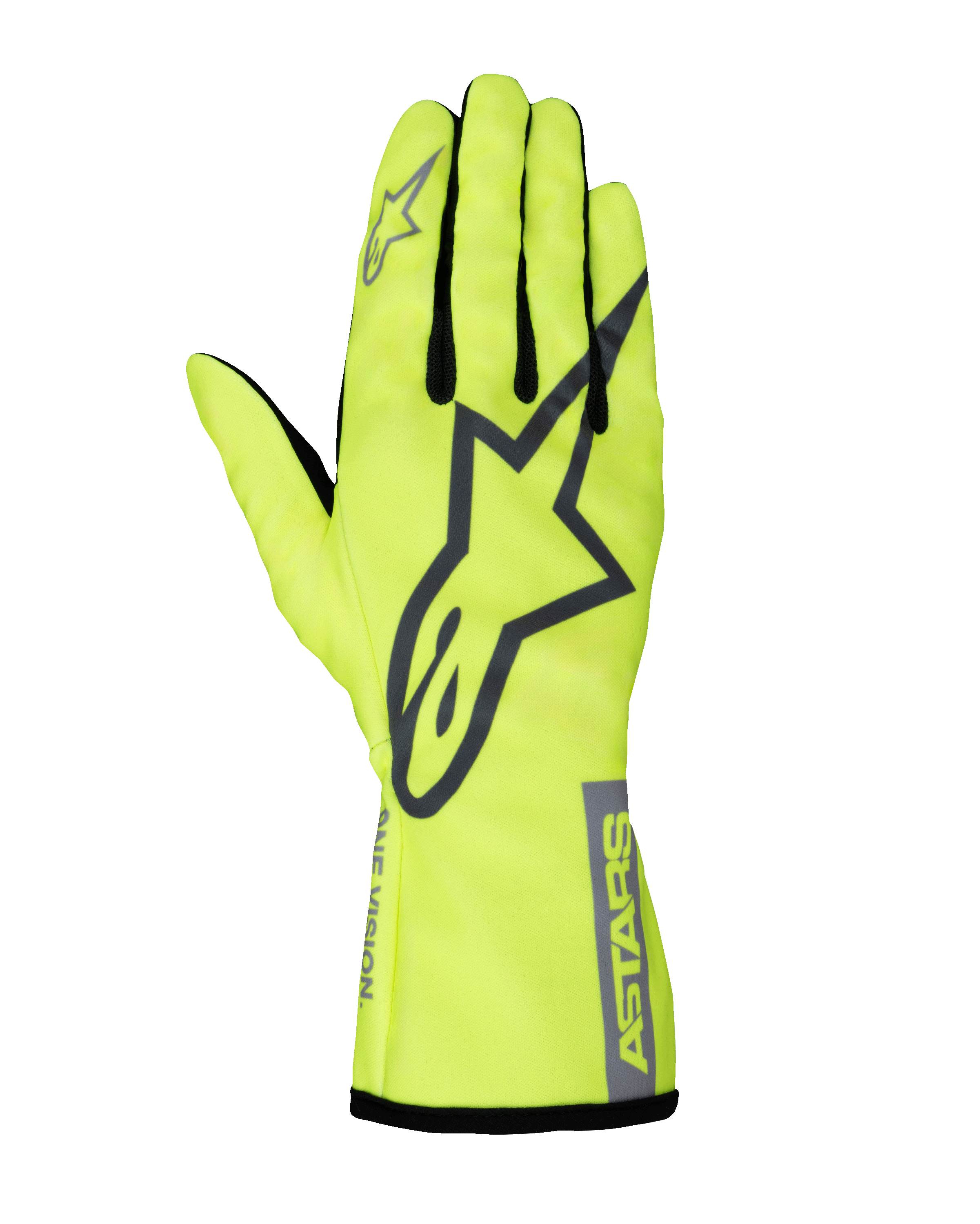 Alpinestars Youth Tech-1 K Race S V2 Pure-handskar, kartinghandskar för ungdom, fluoriserande gul och grå, med en stor A-star-logotyp på handryggen, ASTARS-märkning på manschetten och fingerkilar i mesh.
