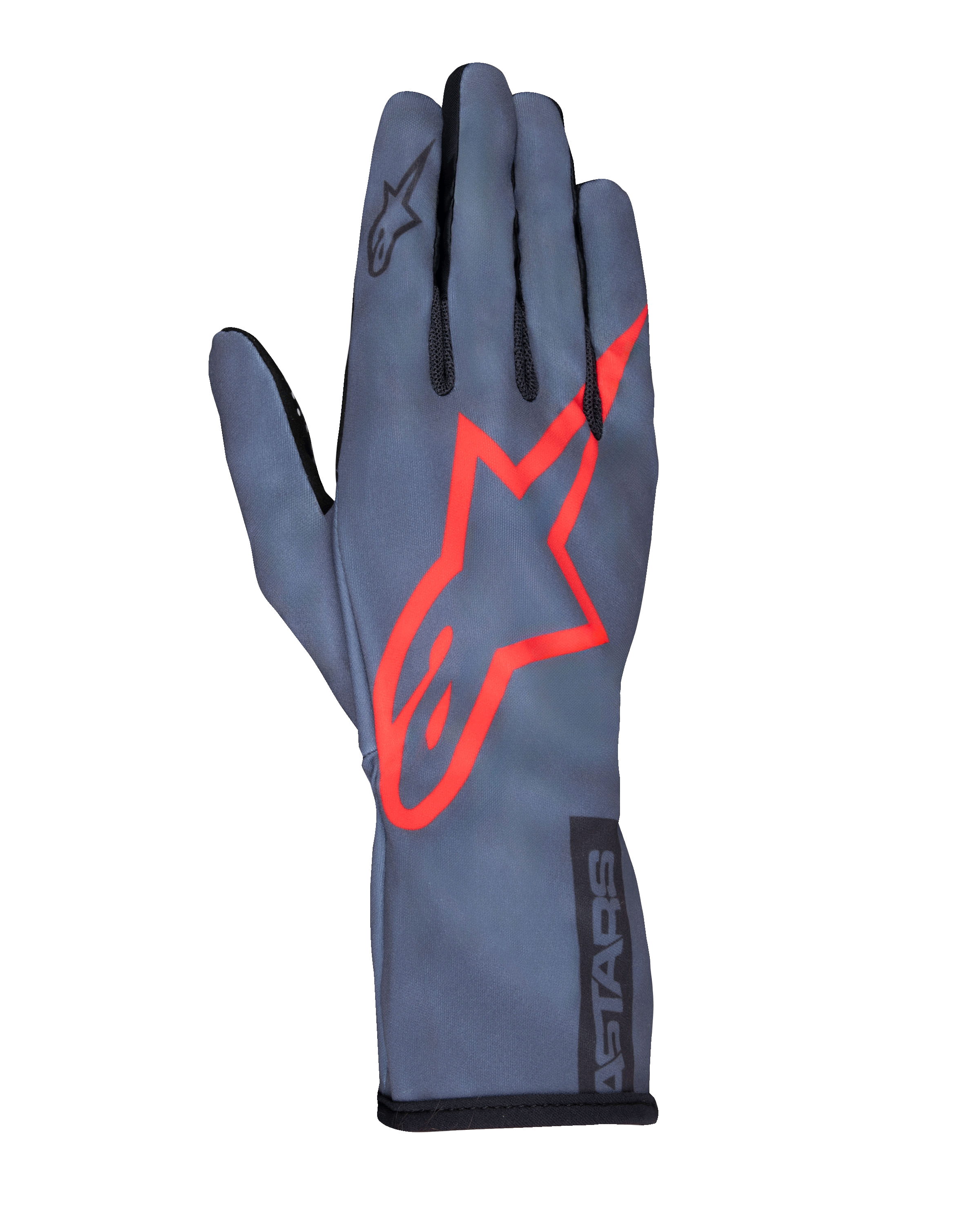 Alpinestars Tech-1 K Race V2 Pure Gloves, Karting Racing Gloves, Asphalt Gray and Red, featuring a large red star logo on the back, lightweight mesh construction, gauntlet cuff, sleek performance design for karting