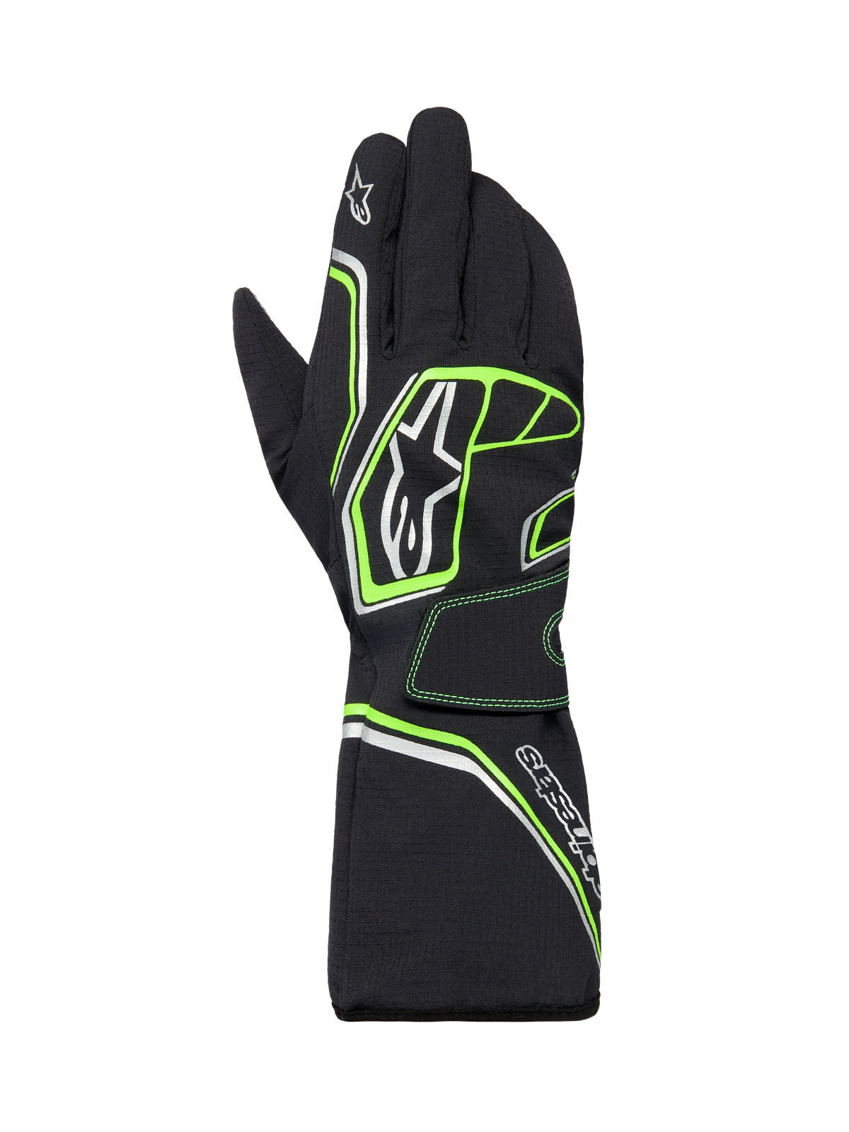 Alpinestars Tempest V3 Waterproof Gloves, Karting Gloves, Black with Fluo Green and silver accents, long gauntlet cuff design, featuring Alpinestars logo branding, durable textile construction for wet-weather racing