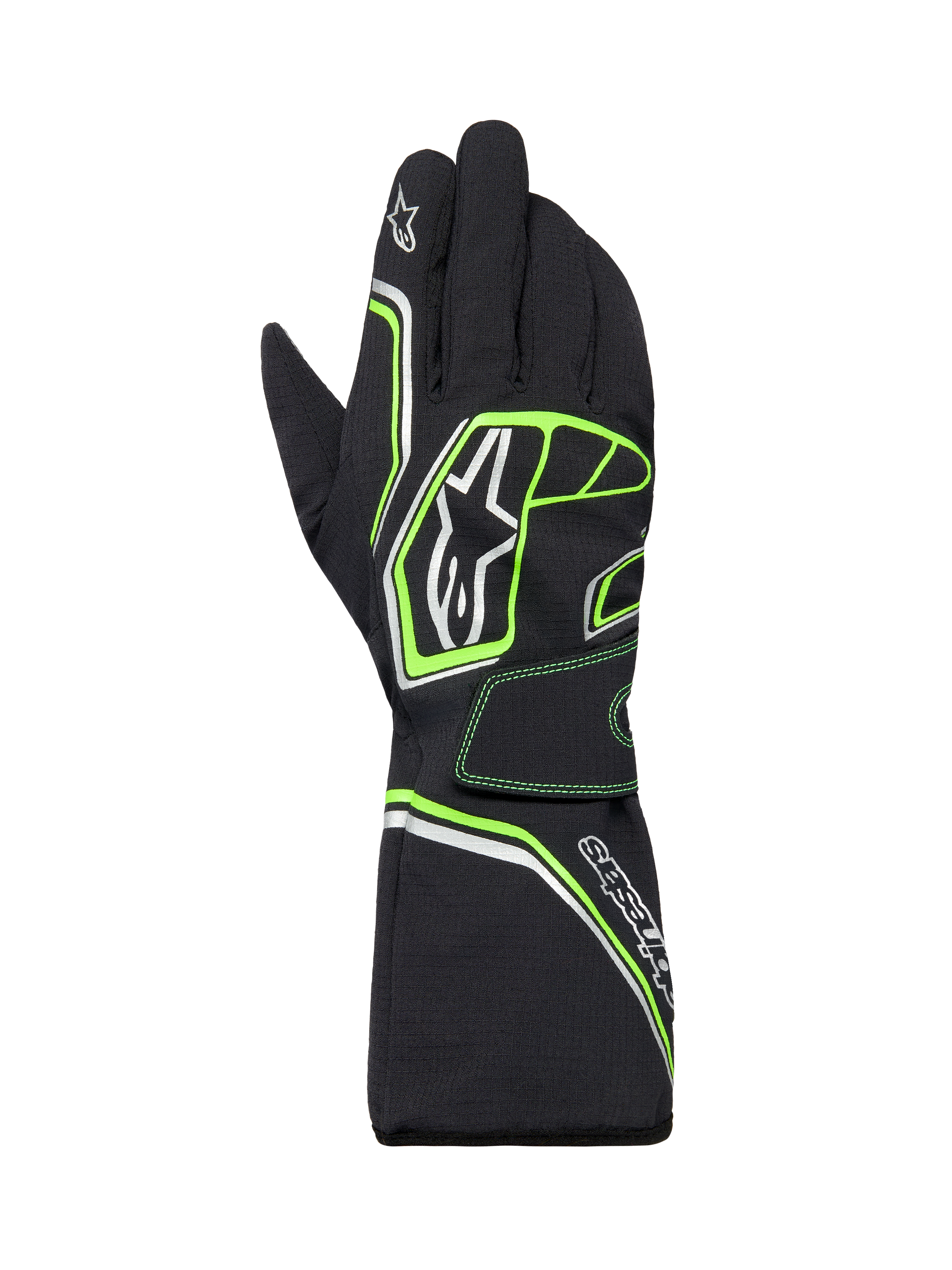 Alpinestars Tempest V3 Waterproof Gloves, Karting Gloves, Black with Fluo Green and silver accents, long gauntlet cuff design, featuring Alpinestars logo branding, durable textile construction for wet-weather racing