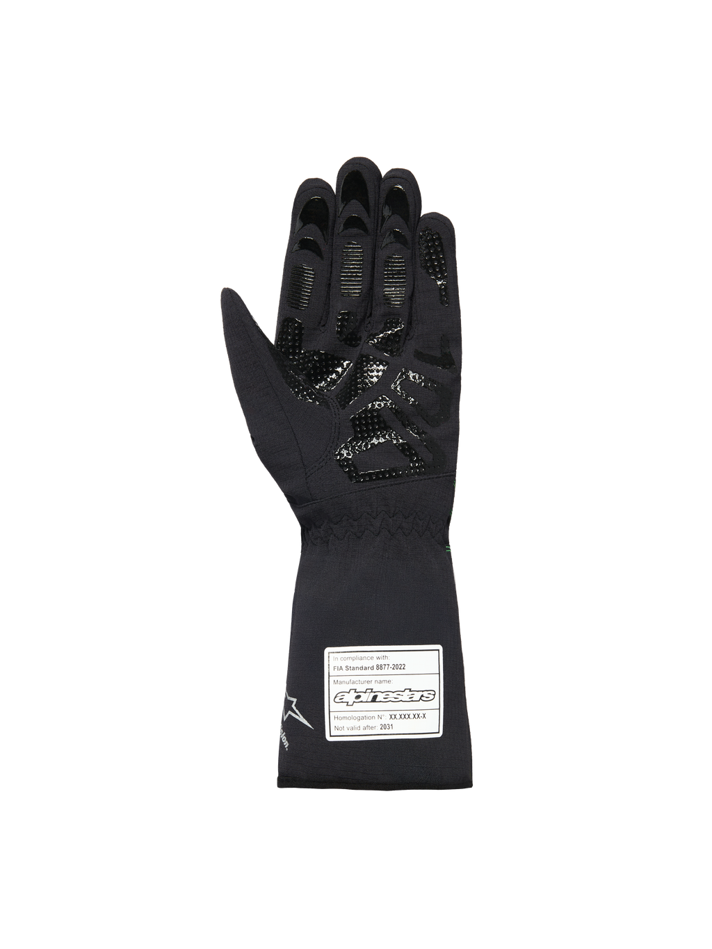 Alpinestars Youth Tempest V3 Waterproof S-handskar, svarta kartinghandskar, vy av handflatan som visar ett texturerat silikongreppsmönster på fingrar och handflata, lång krage med vit FIA 8877-2022-certifieringsetikett, vattentät textildesign.