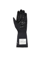 Alpinestars Youth Tempest V3 Waterproof S-handskar, svarta kartinghandskar, vy av handflatan som visar ett texturerat silikongreppsmönster på fingrar och handflata, lång krage med vit FIA 8877-2022-certifieringsetikett, vattentät textildesign.