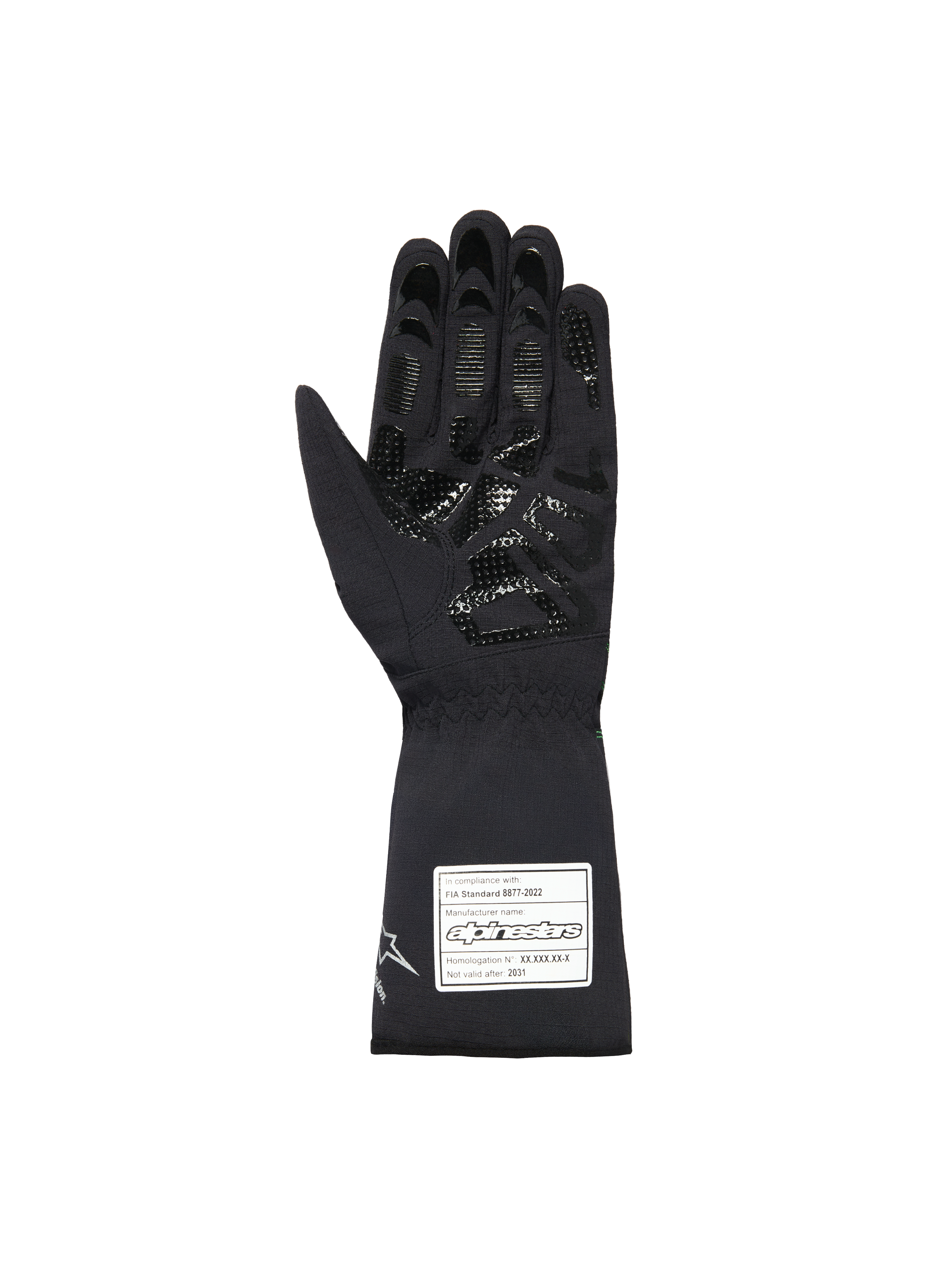 Alpinestars Youth Tempest V3 Waterproof S-handskar, svarta kartinghandskar, vy av handflatan som visar ett texturerat silikongreppsmönster på fingrar och handflata, lång krage med vit FIA 8877-2022-certifieringsetikett, vattentät textildesign.