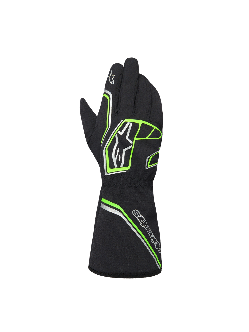 Alpinestars Youth Tempest V3 Waterproof S handskar, svarta med neongröna och silverfärgade detaljer, vy bakifrån som visar kragmodell, neongröna geometriska mönster och Astar-logotyper, vattentäta kartinghandskar för ungdomar