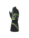 Alpinestars Youth Tempest V3 Waterproof S handskar, svarta med neongröna och silverfärgade detaljer, vy bakifrån som visar kragmodell, neongröna geometriska mönster och Astar-logotyper, vattentäta kartinghandskar för ungdomar