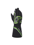 Alpinestars Youth Tempest V3 Waterproof S handskar, svarta med neongröna och silverfärgade detaljer, vy bakifrån som visar kragmodell, neongröna geometriska mönster och Astar-logotyper, vattentäta kartinghandskar för ungdomar