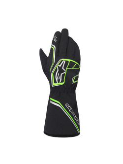 Alpinestars Youth Tempest V3 Waterproof S Gloves, Black with Neon Green and Silver accents, back view showing gauntlet style, fluo green geometric patterns and Astar logos, waterproof karting gloves for youth drivers