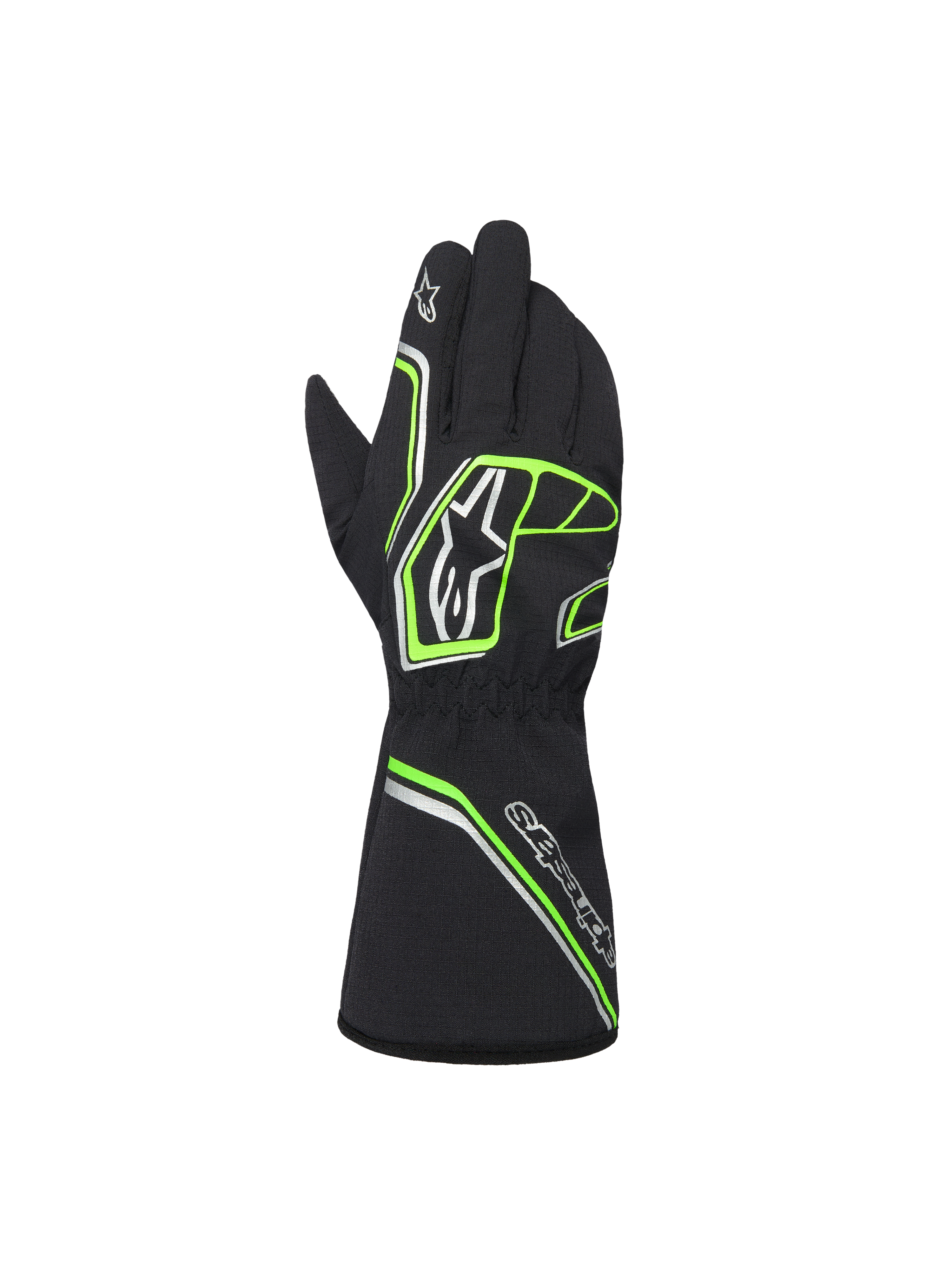 Alpinestars Youth Tempest V3 Waterproof S handskar, svarta med neongröna och silverfärgade detaljer, vy bakifrån som visar kragmodell, neongröna geometriska mönster och Astar-logotyper, vattentäta kartinghandskar för ungdomar