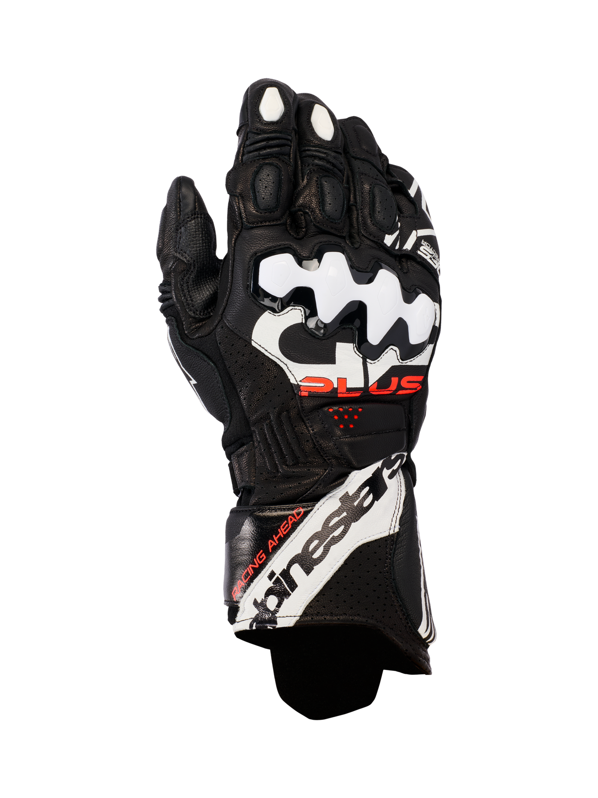 Alpinestars GP Plus R V3 läderhandskar, racinghandskar för motorcykel, svarta med vita och röda detaljer, vita DFS-knogskydd, perforerat läder för andningsförmåga, tydlig Alpinestars-logotyp på manschetten
