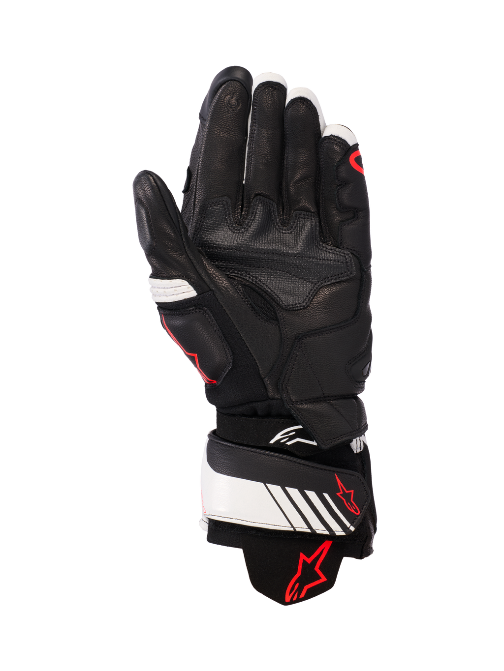 Alpinestars GP Plus R v3 Leather Gloves, Black White and Red Fluo, palm view showing full leather construction with reinforced padding, white wrist strap with red Alpinestars logo, racing-inspired protective gear for motorcycle riders