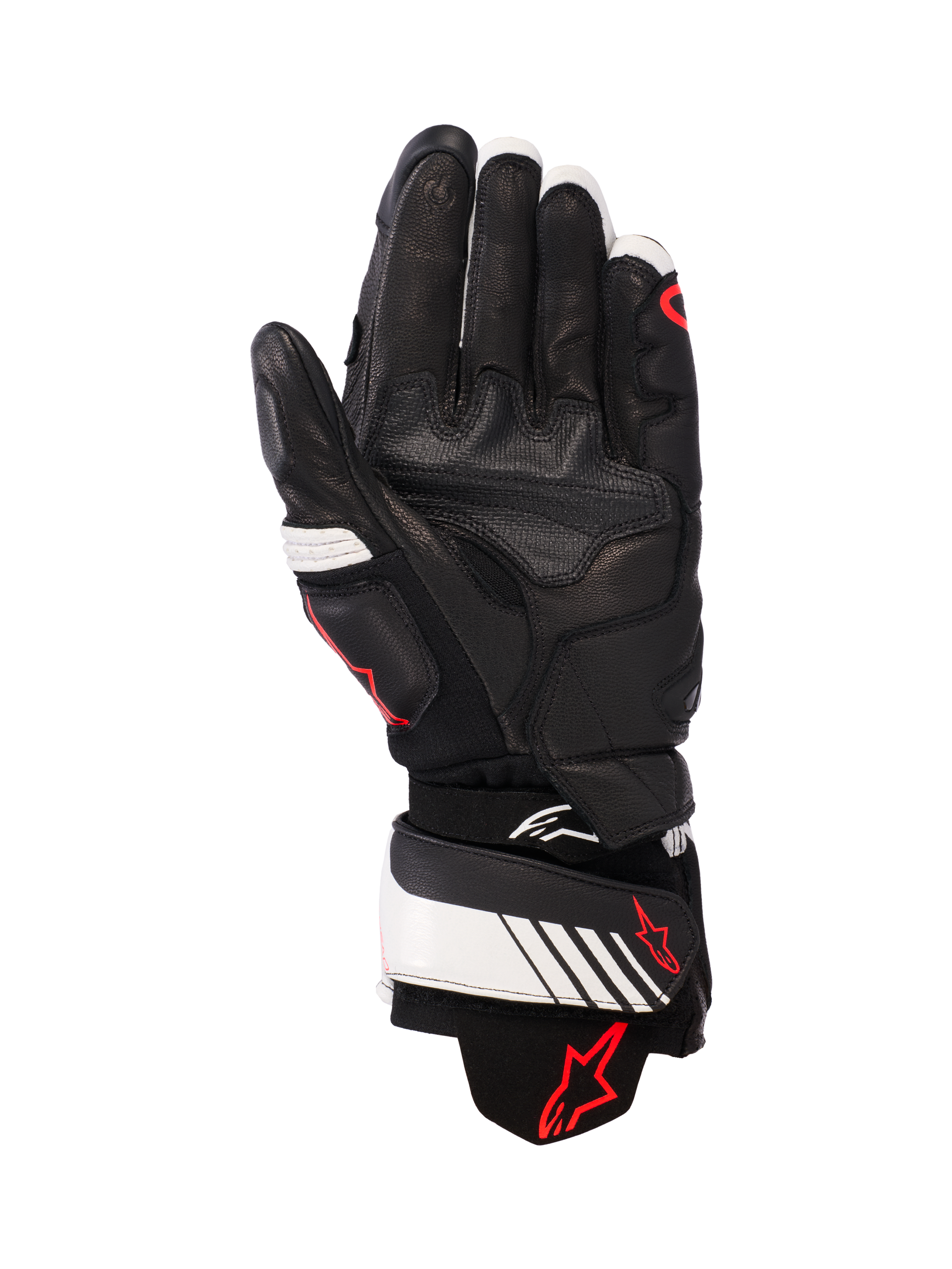 Alpinestars GP Plus R v3 Leather Gloves, Black White and Red Fluo, palm view showing full leather construction with reinforced padding, white wrist strap with red Alpinestars logo, racing-inspired protective gear for motorcycle riders