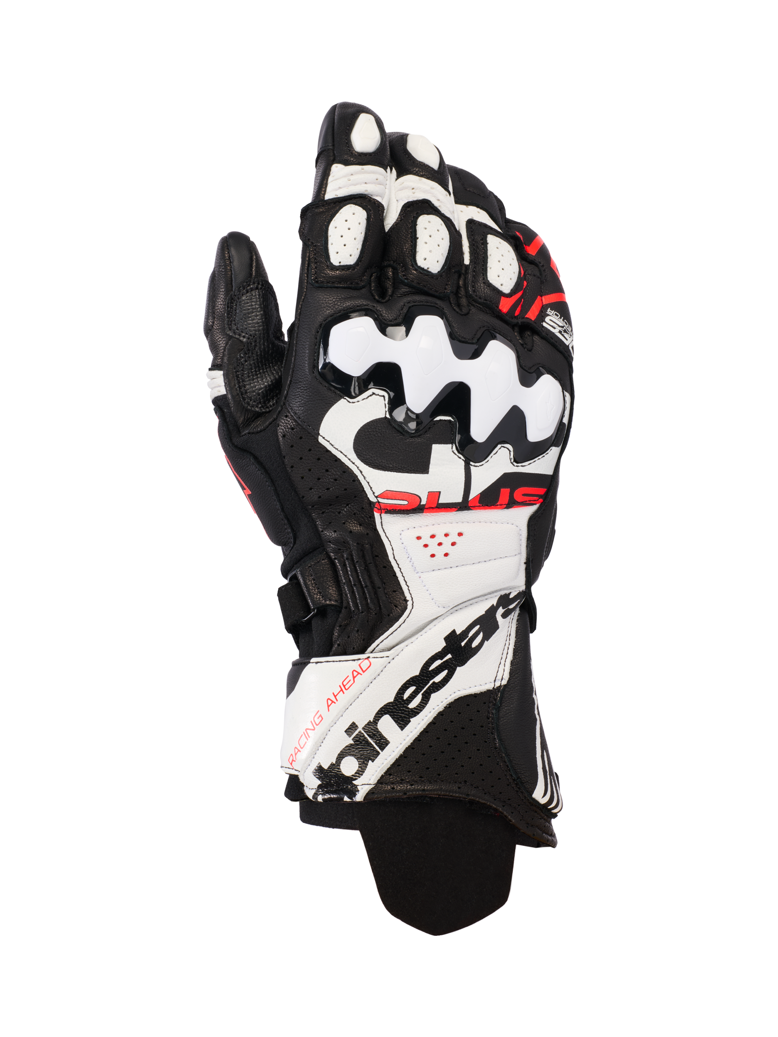 Alpinestars GP Plus R V3 läderhandskar, motorcykelhandskar för racing, svart, vit och röd fluo, premium läderkonstruktion med hårt TPU-knogskydd, perforerade paneler för luftflöde och tydlig logotyp på den förlängda manschetten