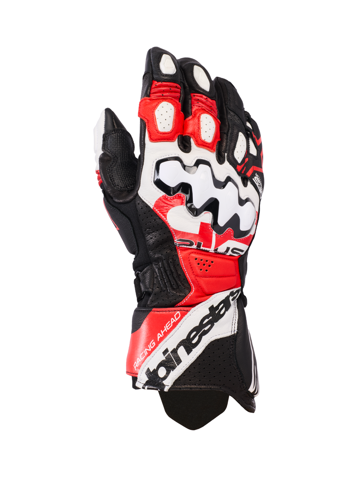 Alpinestars GP Plus R V3 läderhandskar, motorcykelracinghandskar, svarta, vita och klarröda, med ett stort vitt knogskydd med svarta vågmönster, perforerade läderpaneler för ventilation och Alpinestars-logotyp på manschetten