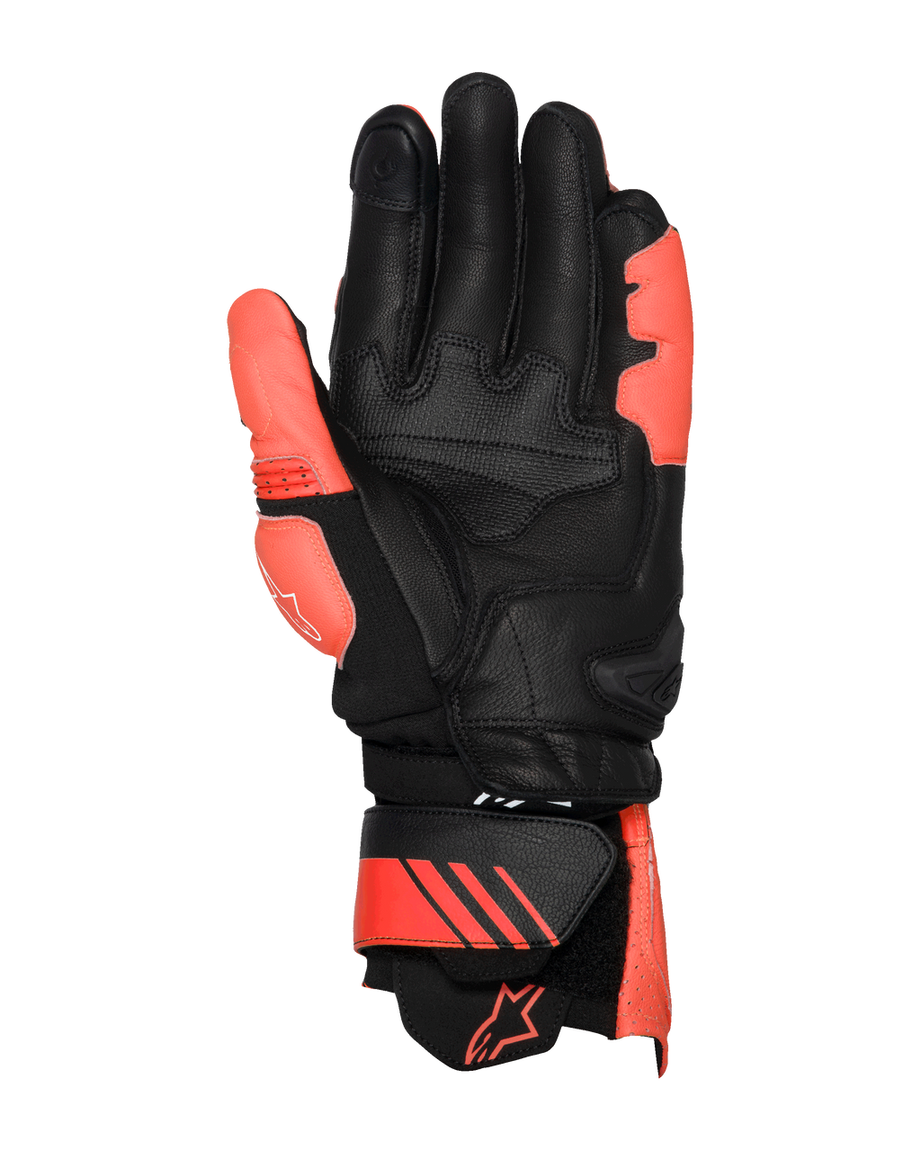 Alpinestars GP Plus R V3 läderhandskar, ljusröd, fluorescerande röd och svart, vy från handflatan, med förstärkta läderområden på handflata och tumme, justerbar krage med röda detaljer och logotyp, professionell racingdesign