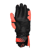 Alpinestars GP Plus R V3 läderhandskar, ljusröd, fluorescerande röd och svart, vy från handflatan, med förstärkta läderområden på handflata och tumme, justerbar krage med röda detaljer och logotyp, professionell racingdesign