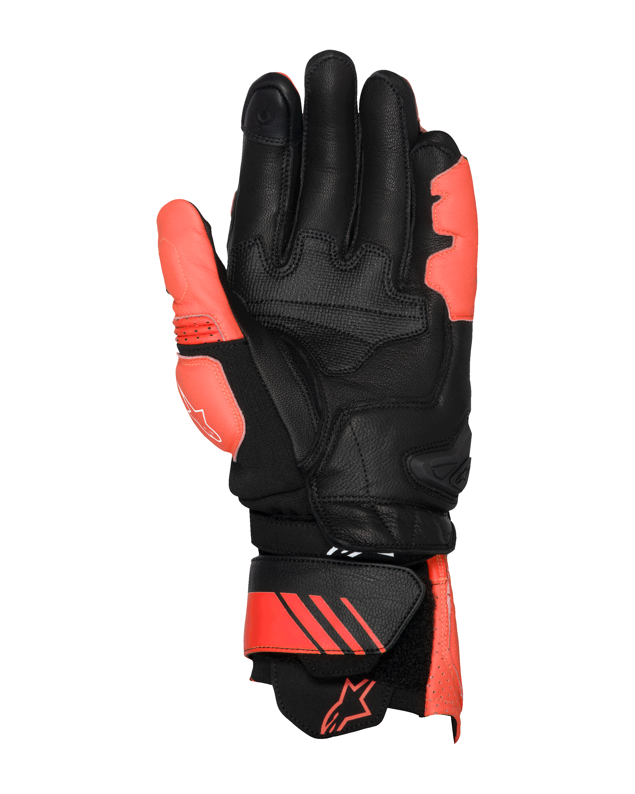 Alpinestars GP Plus R V3 läderhandskar, ljusröd, fluorescerande röd och svart, vy från handflatan, med förstärkta läderområden på handflata och tumme, justerbar krage med röda detaljer och logotyp, professionell racingdesign