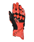 Alpinestars GP Plus R V3 läderhandskar, racinghandskar för motorcykel, klarröda, fluorescerande röda och svarta, vy ovanifrån som visar premium läderkonstruktion med TPU-knogskydd med dubbel densitet, perforerade ventilationspaneler, fingersliders och tydlig Alpinestars-logotyp på manschetten.