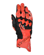 Alpinestars GP Plus R V3 läderhandskar, racinghandskar för motorcykel, klarröda, fluorescerande röda och svarta, vy ovanifrån som visar premium läderkonstruktion med TPU-knogskydd med dubbel densitet, perforerade ventilationspaneler, fingersliders och tydlig Alpinestars-logotyp på manschetten.