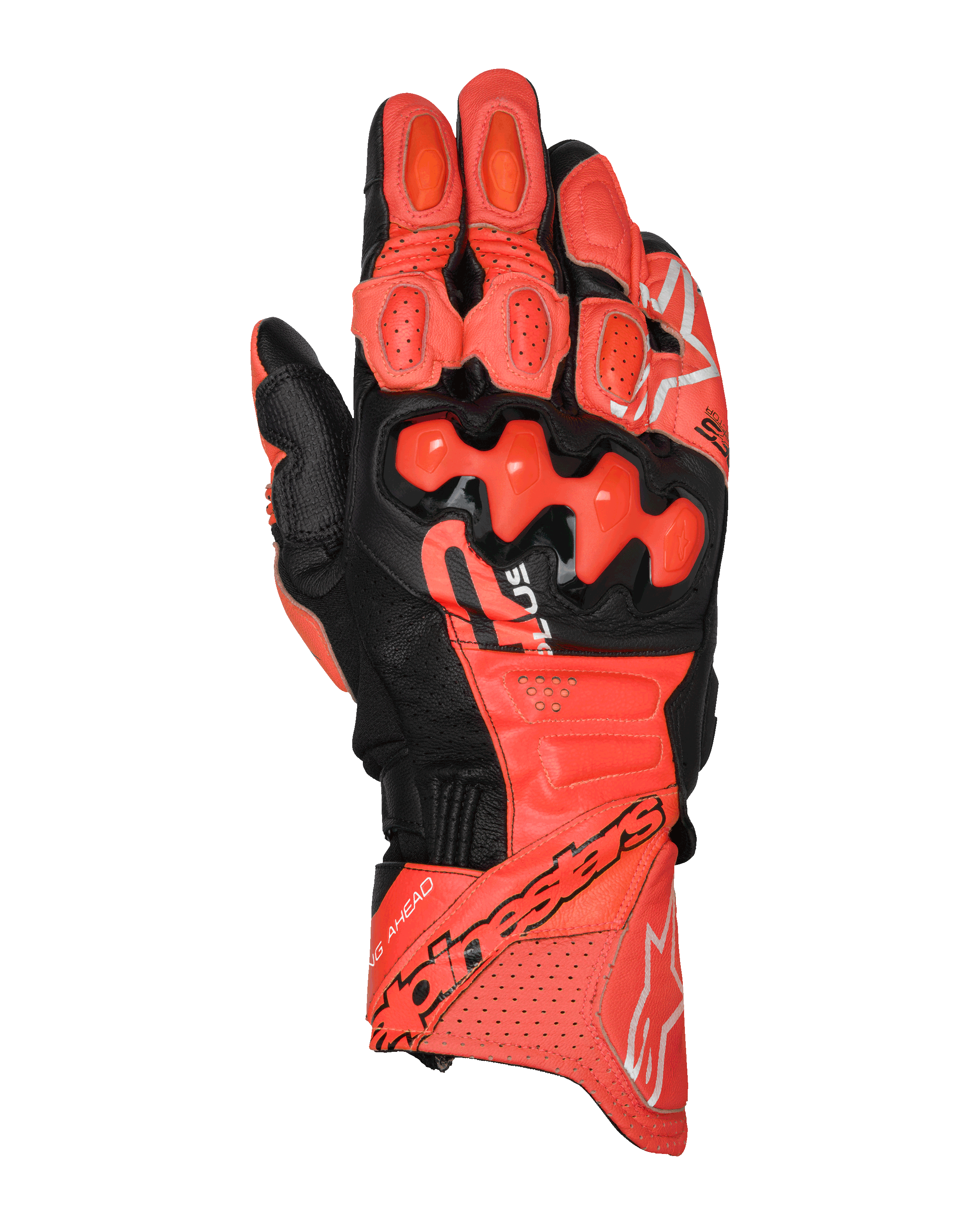 Alpinestars GP Plus R V3 läderhandskar, racinghandskar för motorcykel, klarröda, fluorescerande röda och svarta, vy ovanifrån som visar premium läderkonstruktion med TPU-knogskydd med dubbel densitet, perforerade ventilationspaneler, fingersliders och tydlig Alpinestars-logotyp på manschetten.