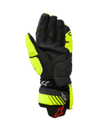 Alpinestars GP Plus R V3 Läderhandskar, racing- och sportmotorcykelhandskar, gul fluo och svart, vy av handflatan som visar läderkonstruktion, förstärkta greppområden och justerbara manschettremmar med Alpinestars-logotyp, högpresterande utrustning för bana