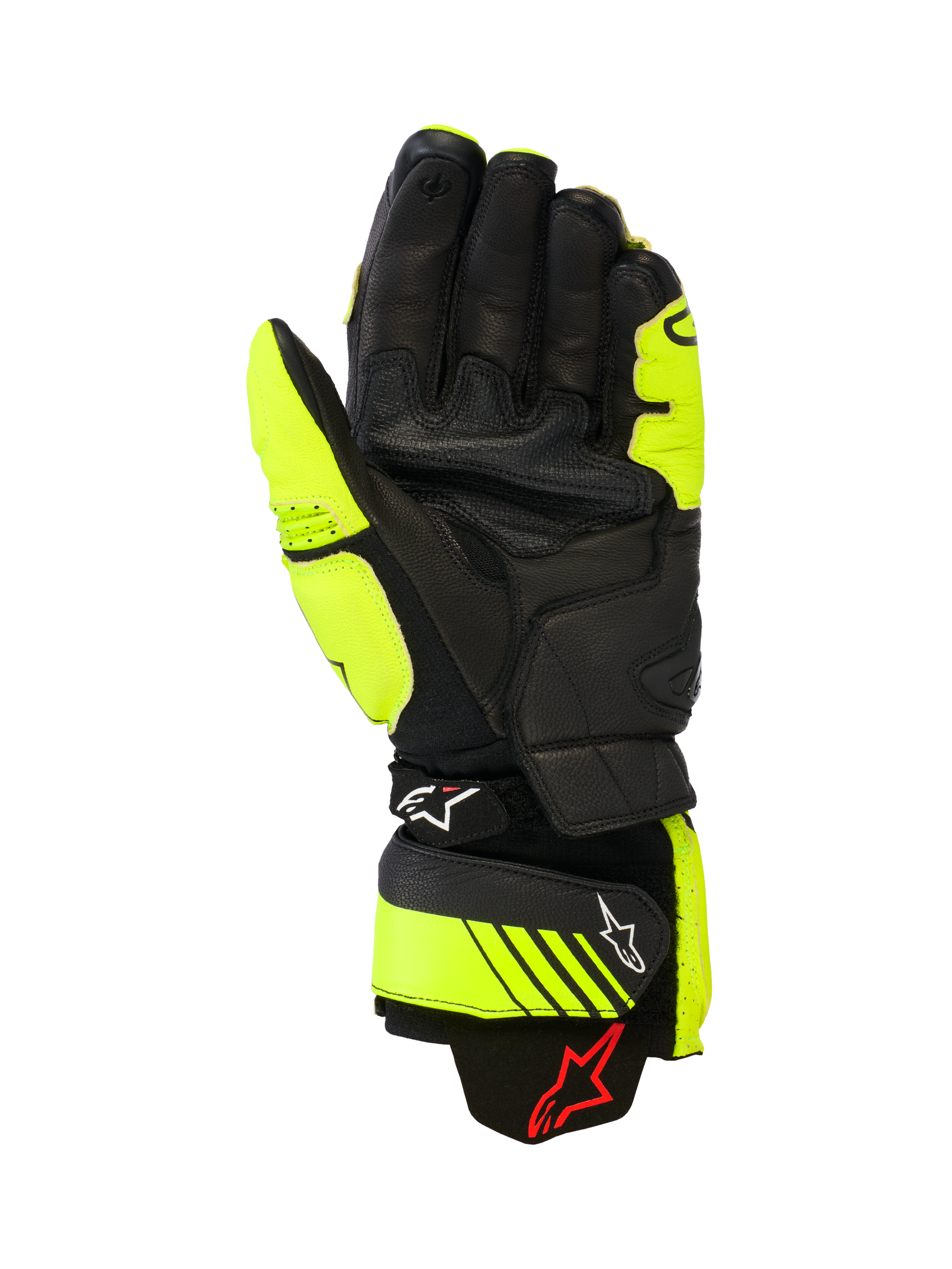 Alpinestars GP Plus R V3 Läderhandskar, racing- och sportmotorcykelhandskar, gul fluo och svart, vy av handflatan som visar läderkonstruktion, förstärkta greppområden och justerbara manschettremmar med Alpinestars-logotyp, högpresterande utrustning för bana
