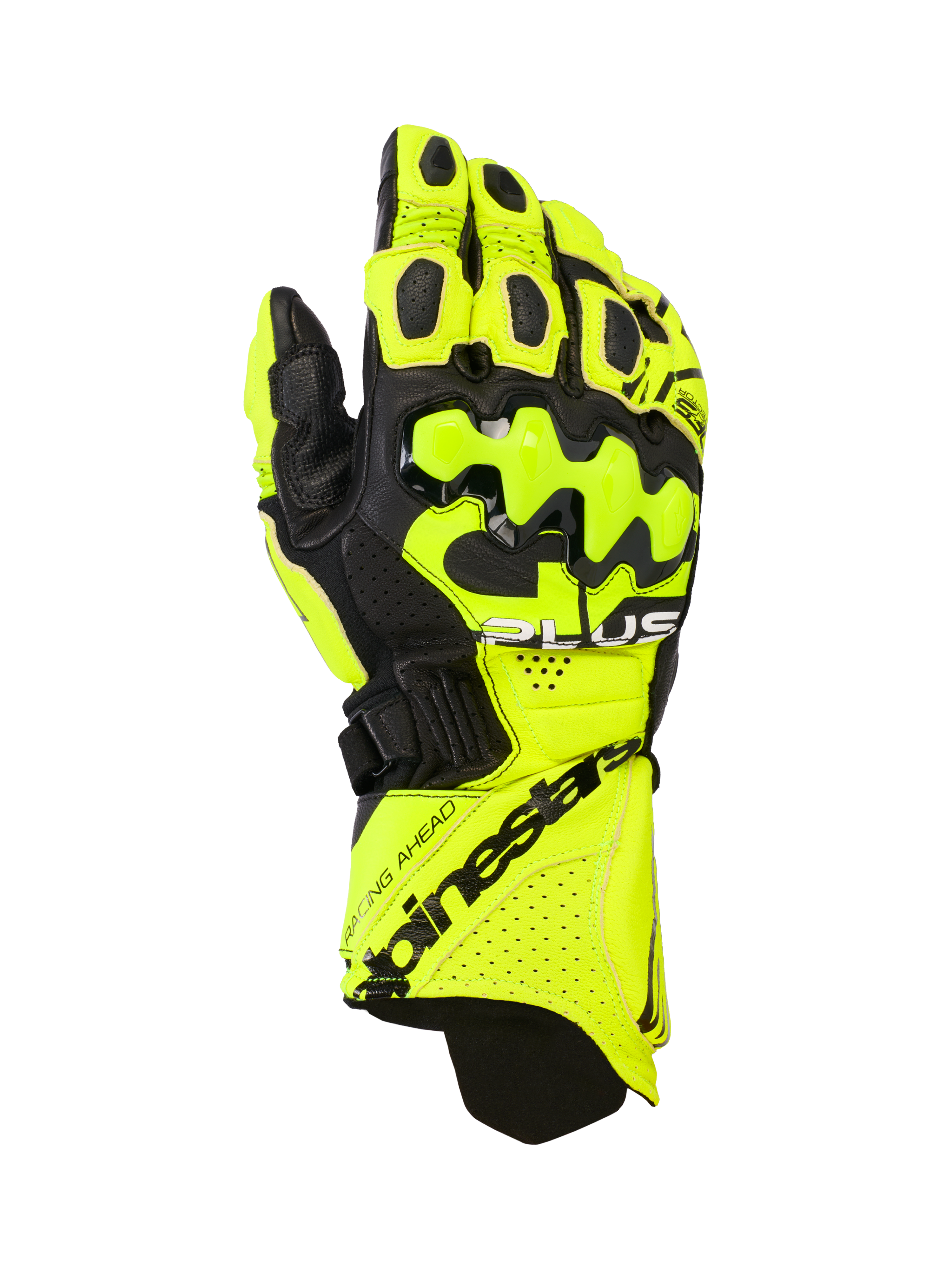 Alpinestars GP Plus R V3 läderhandskar, motorcykelracinghandskar, gul fluo och svart, med hårda knogskydd, perforerade ventilationszoner och säker manschettstängning med framträdande logotyp.