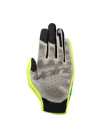 Alpinestars Sim Gloves Graphic 1, SIM-racinghandskar, Safety Yellow, svart och turkos, vy av handflatan som visar grått Nanofront®-material med svart 3D-greppmönster, pekskärmskompatibla fingertoppar och lätt textilkonstruktion