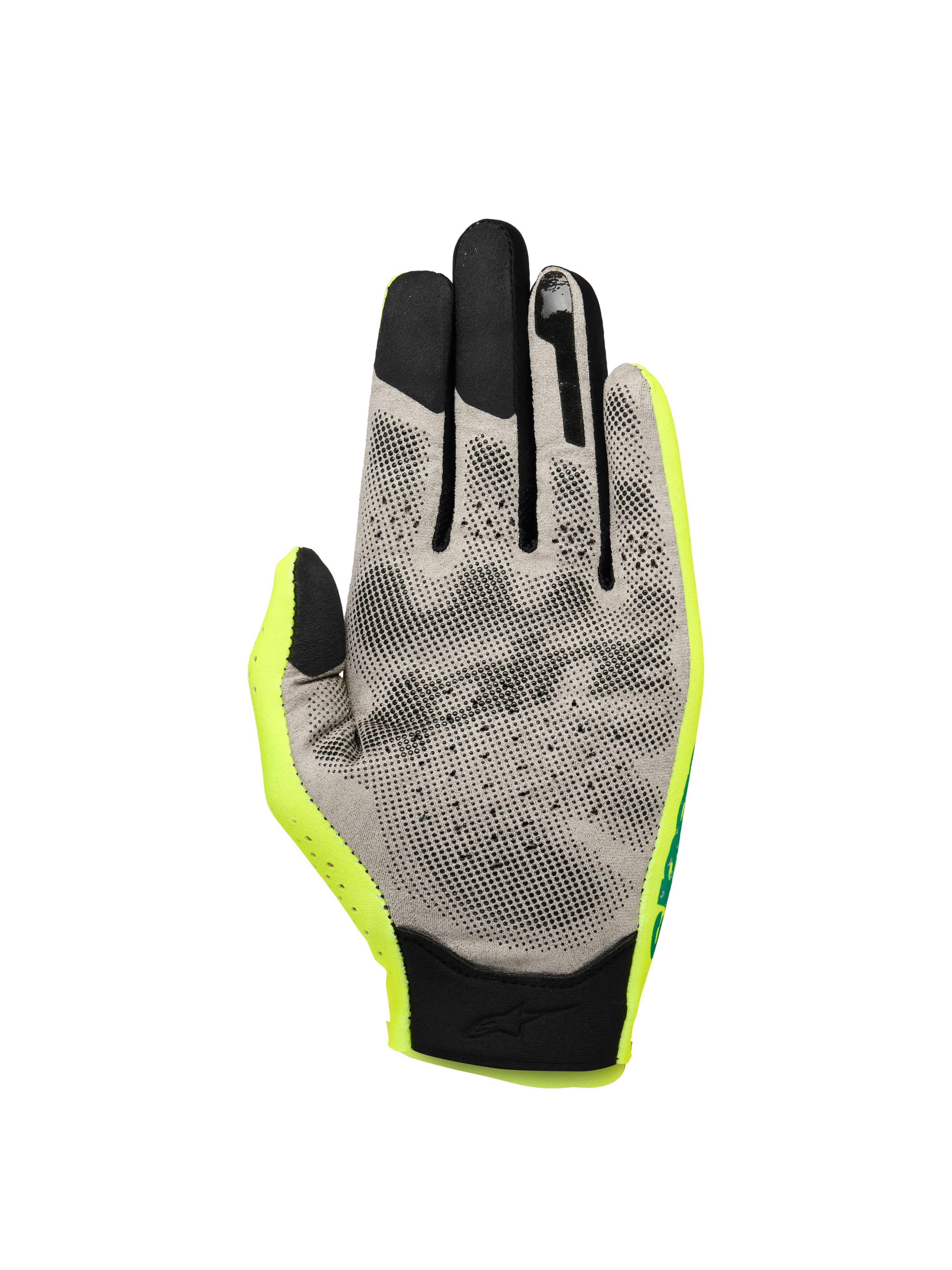 Alpinestars Sim Gloves Graphic 1, SIM-racinghandskar, Safety Yellow, svart och turkos, vy av handflatan som visar grått Nanofront®-material med svart 3D-greppmönster, pekskärmskompatibla fingertoppar och lätt textilkonstruktion