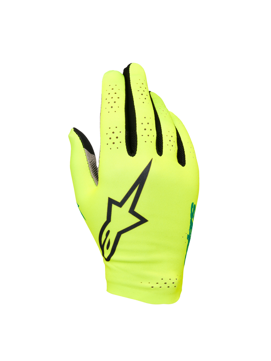 Alpinestars Sim Gloves Graphic 1, simracinghandskar, Safety Yellow och svarta med turkosa accenter, stor svart stjärnlogotyp, perforerat lättviktsmaterial med stretch för ventilation, kort manschett för gamingprecision