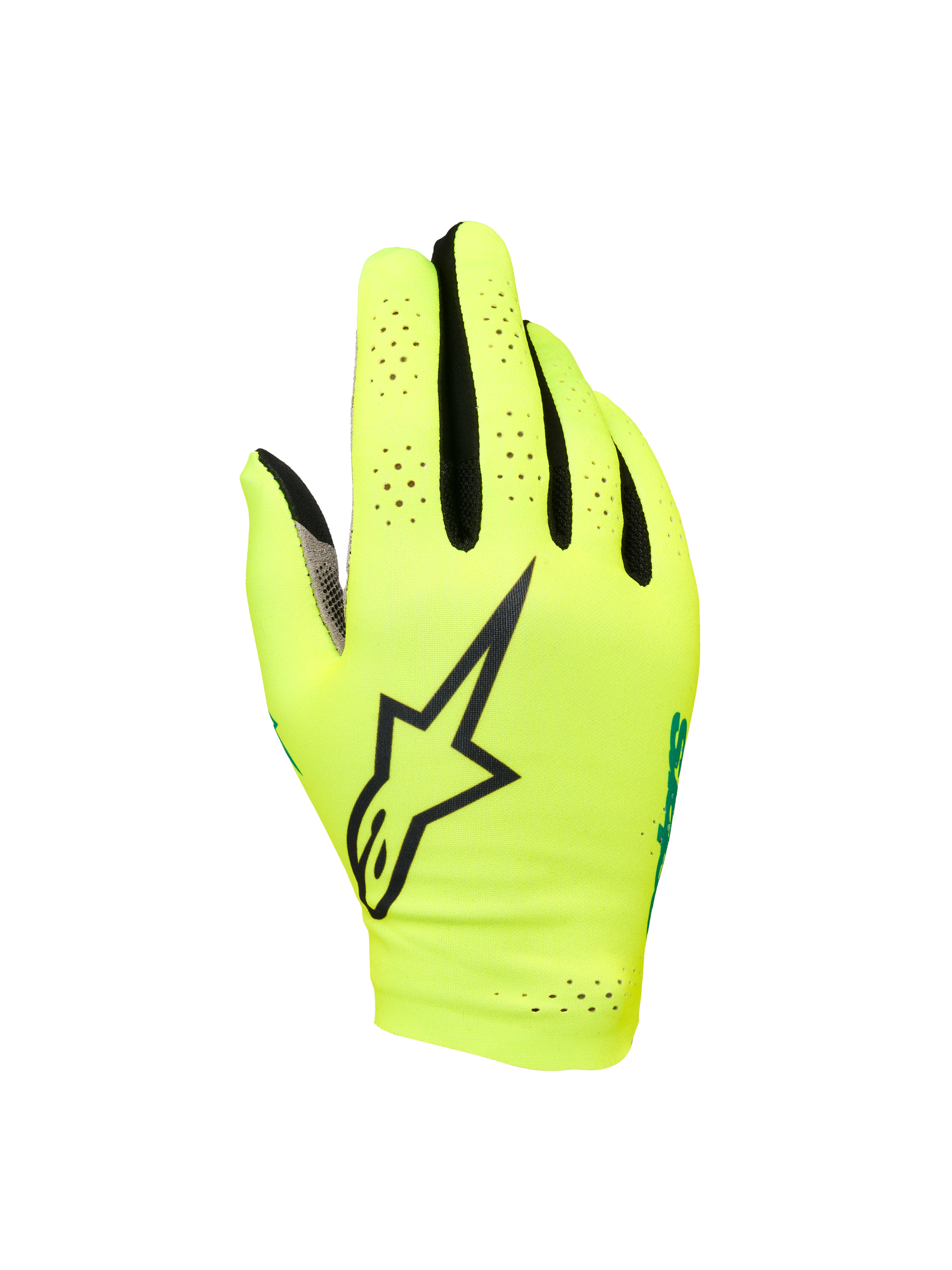 Alpinestars Sim Gloves Graphic 1, simracinghandskar, Safety Yellow och svarta med turkosa accenter, stor svart stjärnlogotyp, perforerat lättviktsmaterial med stretch för ventilation, kort manschett för gamingprecision