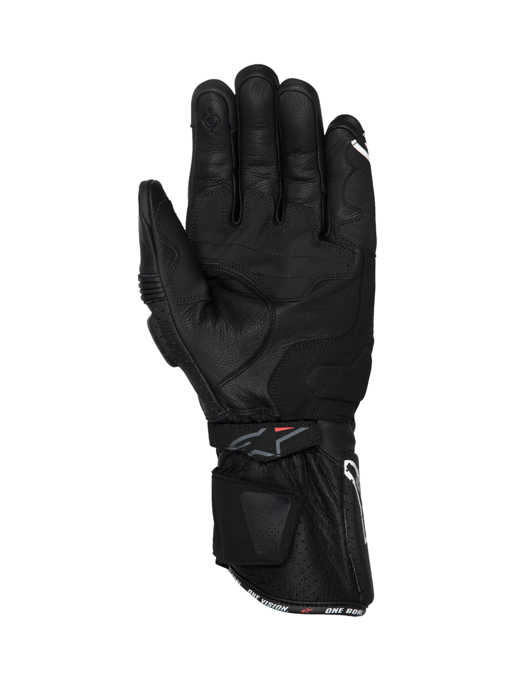 Alpinestars SP-3 handskar i svart läder för motorcykelracing, vy av handflatan med lång manschett och förstärkt grepp.
